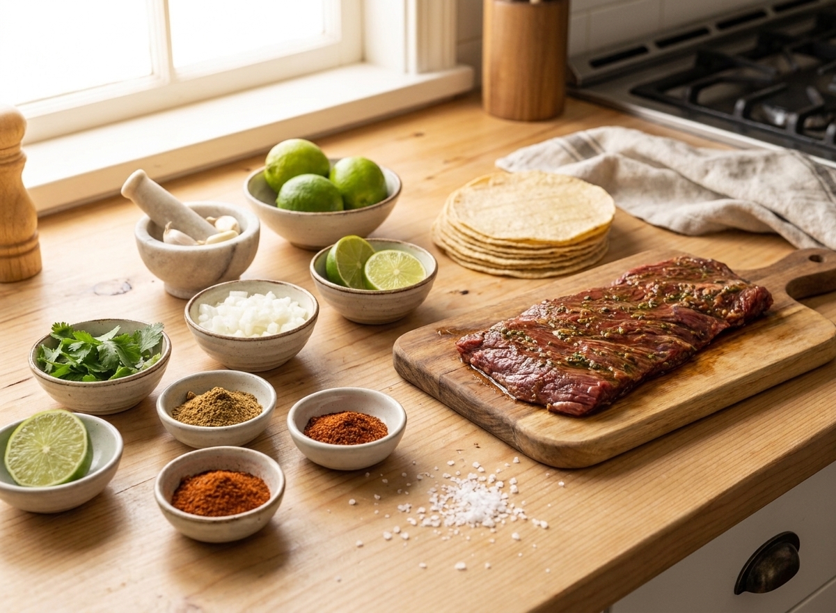 Bowls of lime, garlic, cumin, chili powder, chopped cilantro, diced onion, tortillas, and raw skirt steak arranged on a bright kitchen counter
