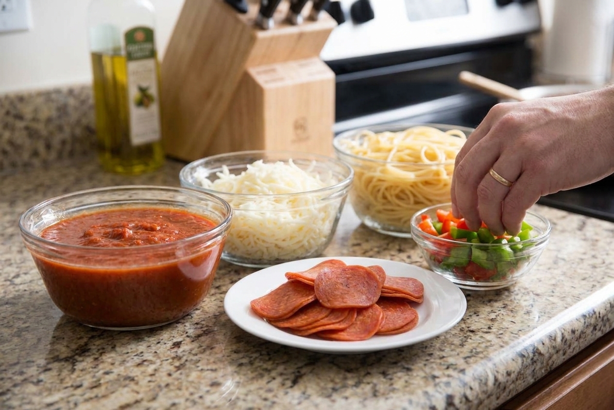 Bowls of marinara sauce, shredded mozzarella, cooked pasta, sliced pepperoni, and chopped bell peppers arranged on a bright kitchen counter