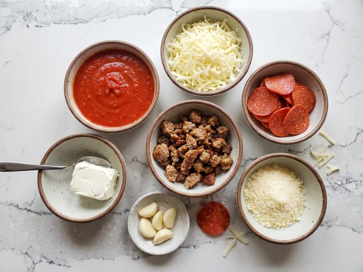 Bowls of marinara sauce, shredded mozzarella, sliced pepperoni, cooked Italian sausage, cream cheese, garlic, and grated parmesan arranged on a kitchen counter
