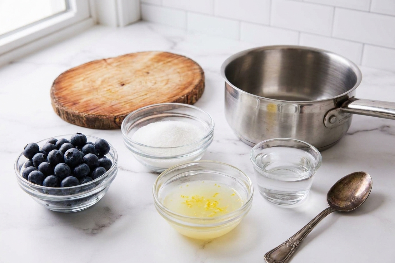Bowls of measured blueberries, sugar, lemon juice, and a small cup of water arranged beside a saucepan on a tidy kitchen counter