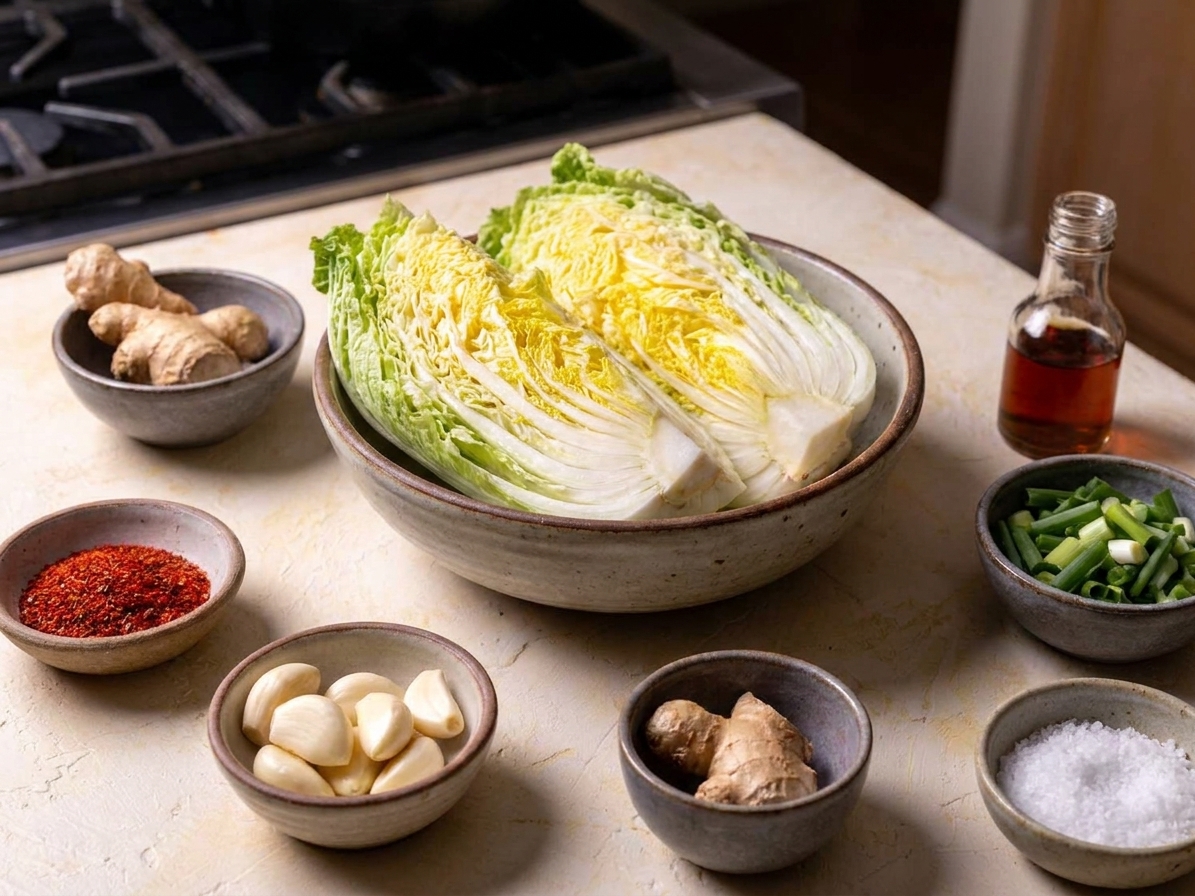 Bowls of napa cabbage, gochugaru, garlic, ginger, scallions, fish sauce, and salt arranged on a kitchen counter before making kimchi