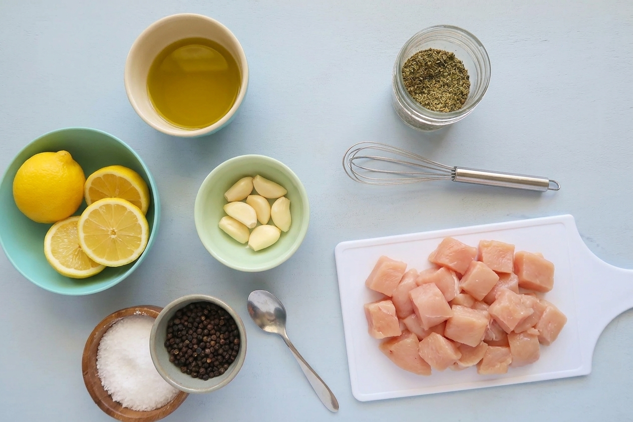 Bowls of olive oil, lemons, garlic, dried oregano, salt, pepper, and cubed chicken arranged on a kitchen counter ready to prep