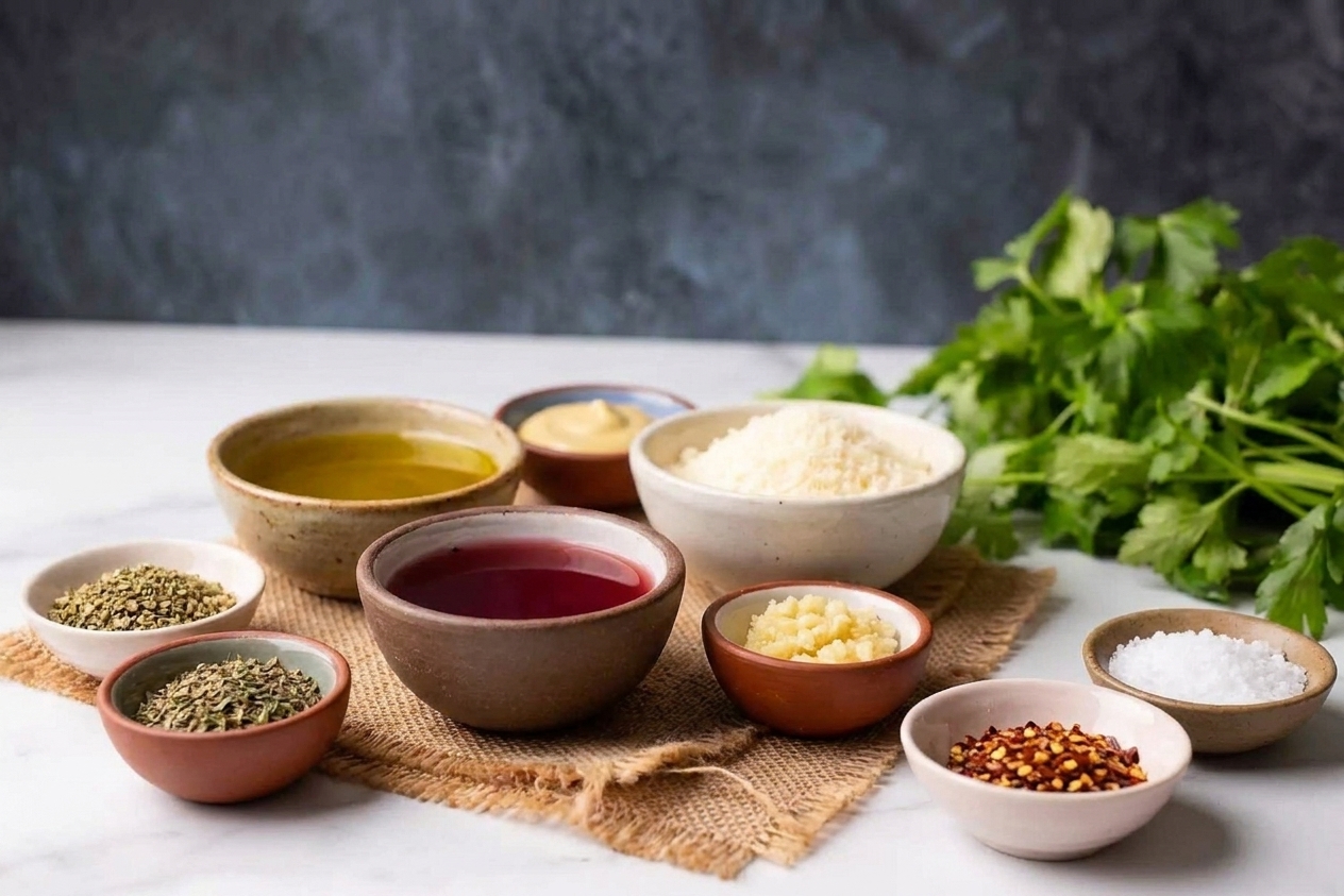 Bowls of olive oil, red wine vinegar, Dijon mustard, grated Parmesan, minced garlic, dried oregano, dried basil, salt, pepper, and red pepper flakes arranged on a bright kitchen counter