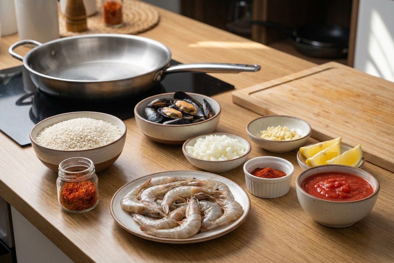 Bowls of paella ingredients on a kitchen counter including bomba rice, saffron, shrimp, mussels, diced onion, garlic, paprika, tomatoes, and lemon, arranged for cooking