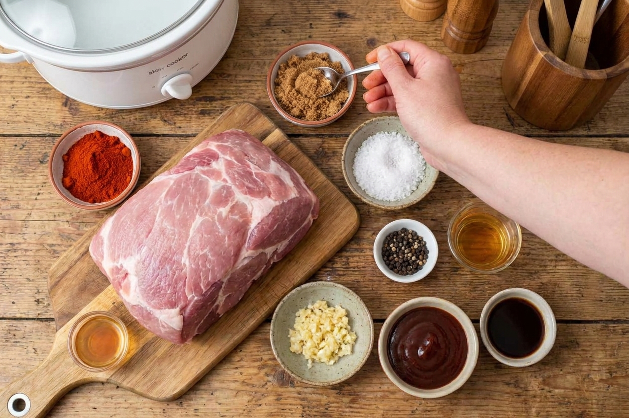 Bowls of paprika, brown sugar, salt, pepper, garlic, apple cider vinegar, barbecue sauce, and Worcestershire arranged next to a pork shoulder on a kitchen counter