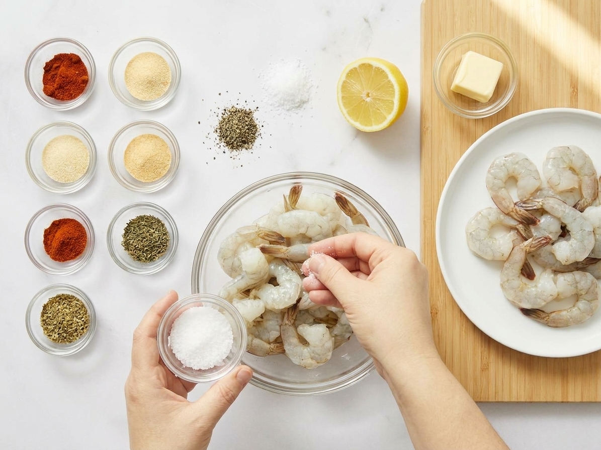 Bowls of paprika, garlic powder, onion powder, cayenne, dried thyme, dried oregano, salt, pepper, a plate of peeled shrimp, lemon, and butter arranged on a bright kitchen counter
