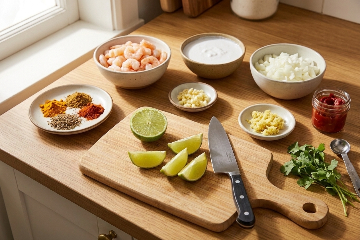 Bowls of peeled shrimp, coconut milk, chopped onion, garlic, ginger, spices, lime, and tomato paste arranged on a kitchen counter with a cutting board
