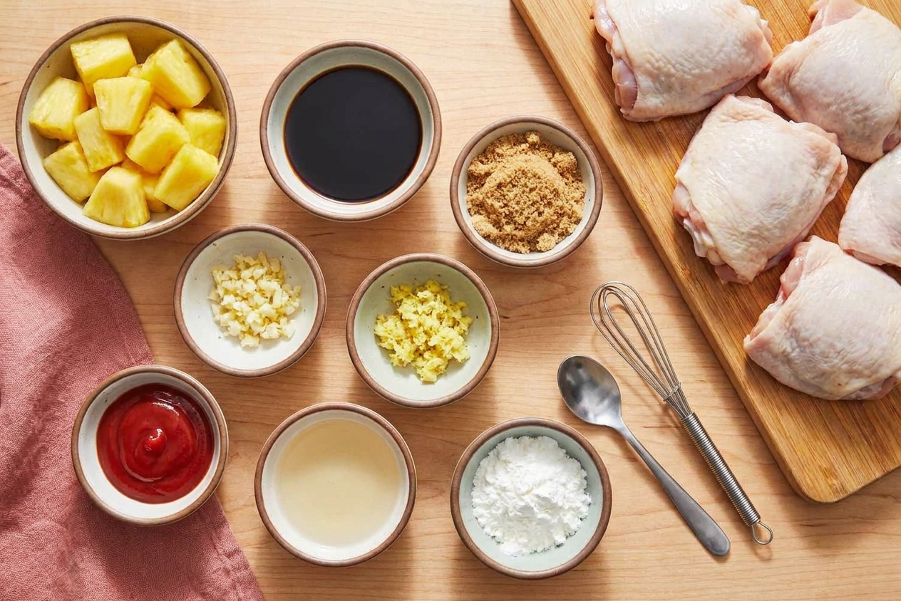 Bowls of pineapple chunks, soy sauce, brown sugar, garlic, ginger, ketchup, rice vinegar, and cornstarch arranged on a wooden kitchen counter with chicken thighs nearby