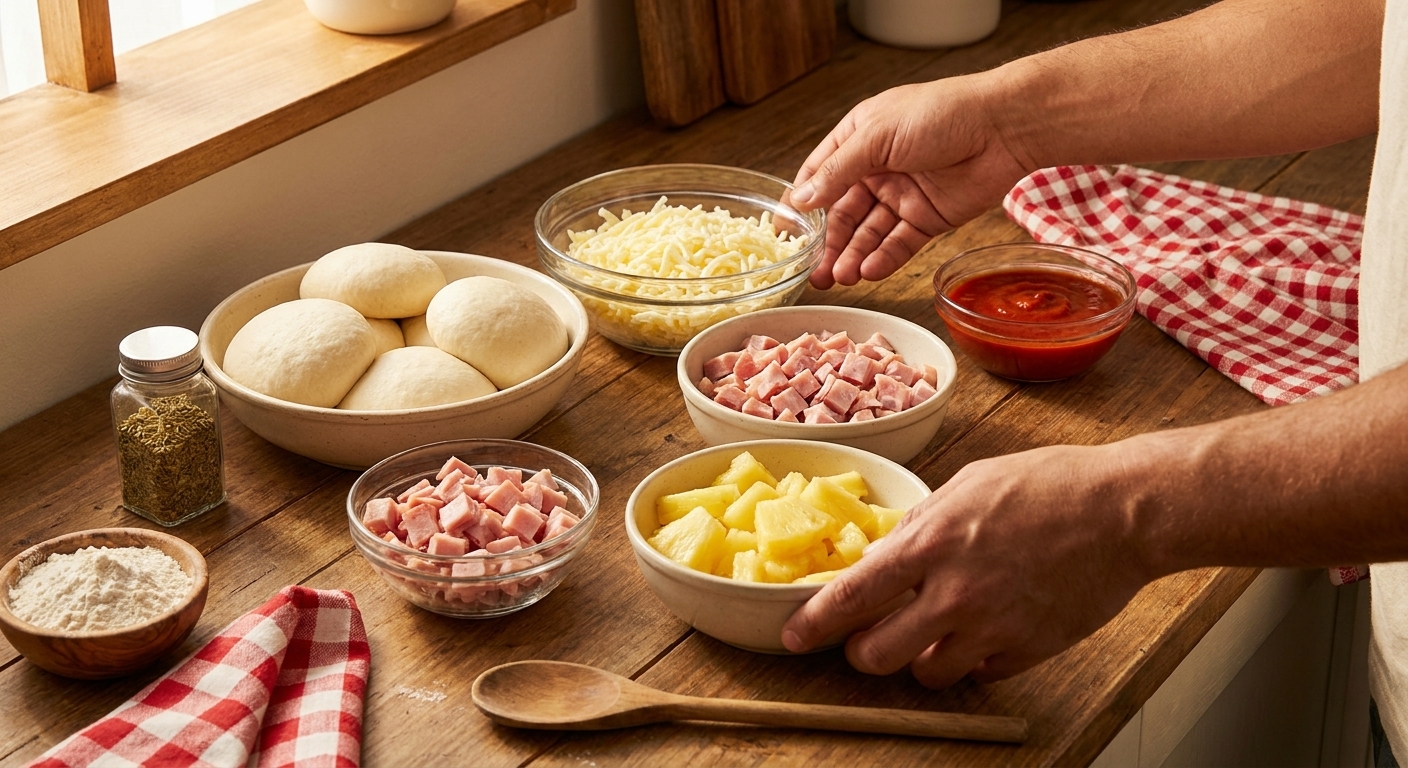 Bowls of pizza dough, shredded mozzarella, diced ham, pineapple chunks, tomato sauce, and dried oregano arranged on a clean kitchen counter with warm natural light