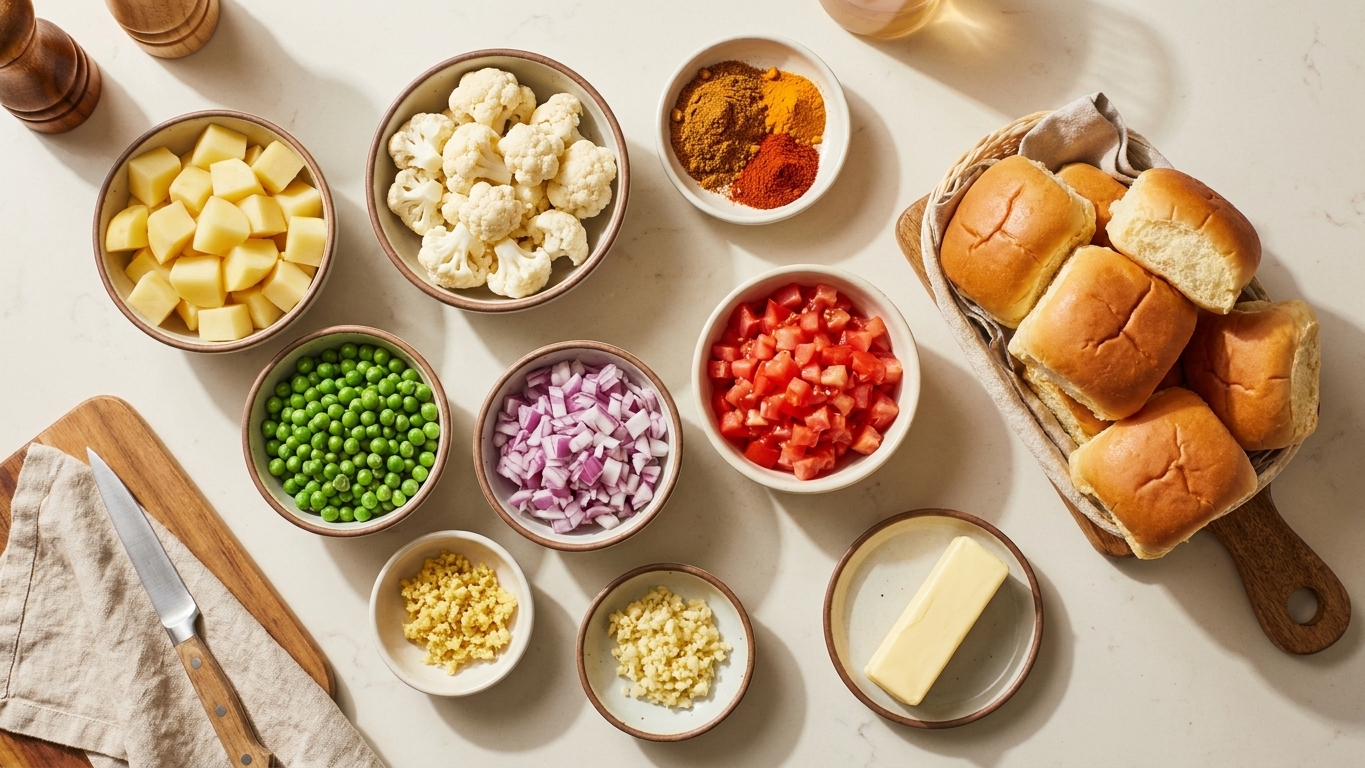 Bowls of potatoes, cauliflower, peas, chopped onions, tomatoes, ginger, garlic, spices, butter, and rolls arranged on a bright kitchen counter