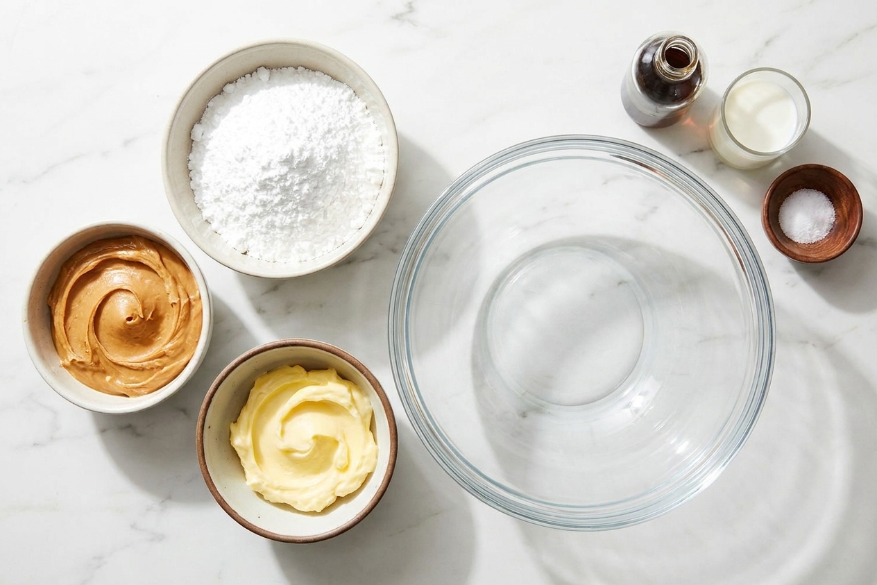 Bowls of powdered sugar, creamy peanut butter, softened butter, vanilla extract, milk, and a pinch of salt arranged on a clean kitchen counter with a mixing bowl