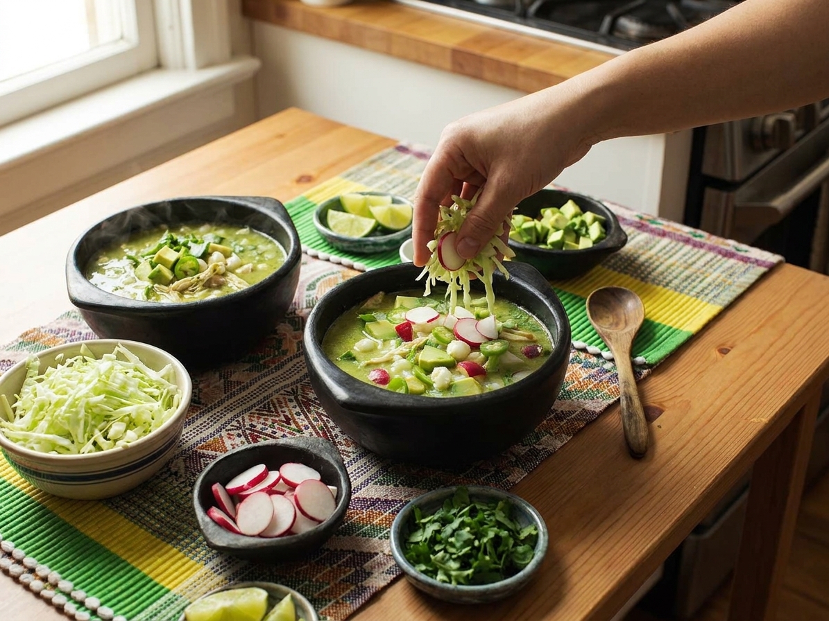 Bowls of pozole verde being topped with shredded cabbage, sliced radishes, cilantro, and avocado on a simple dining table setting