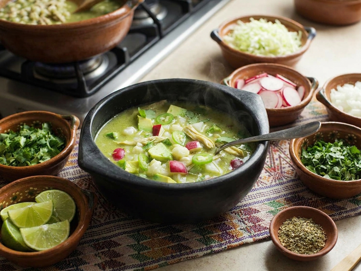 Bowls of pozole verde served at a table with small dishes of toppings and lime wedges, warm casual dinner setting