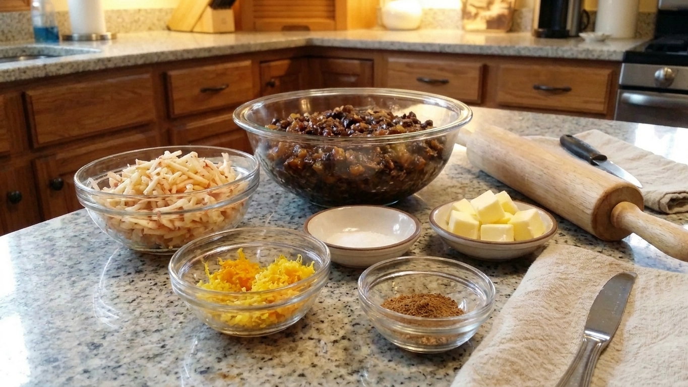 Bowls of prepared mincemeat, grated apple, citrus zest, butter, and spices arranged on a kitchen counter with a rolling pin nearby