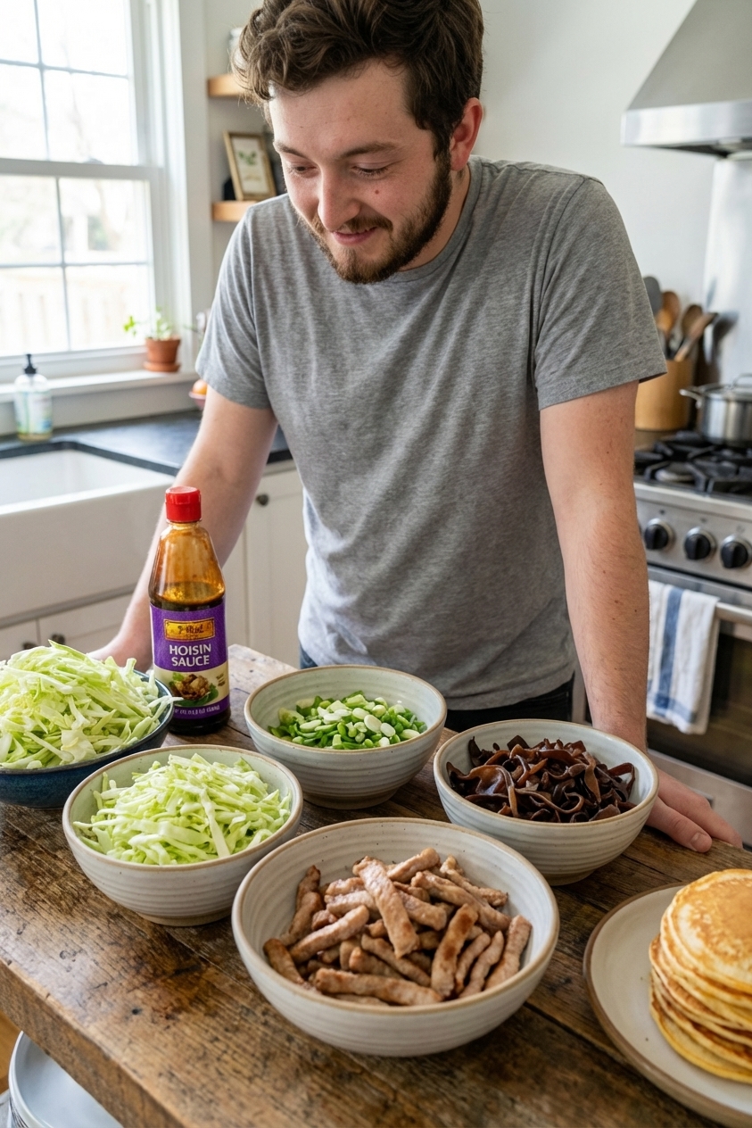 Bowls of prepped moo shu ingredients including shredded cabbage, sliced scallions, mushrooms, and pork strips arranged on a kitchen counter, realistic food photography
