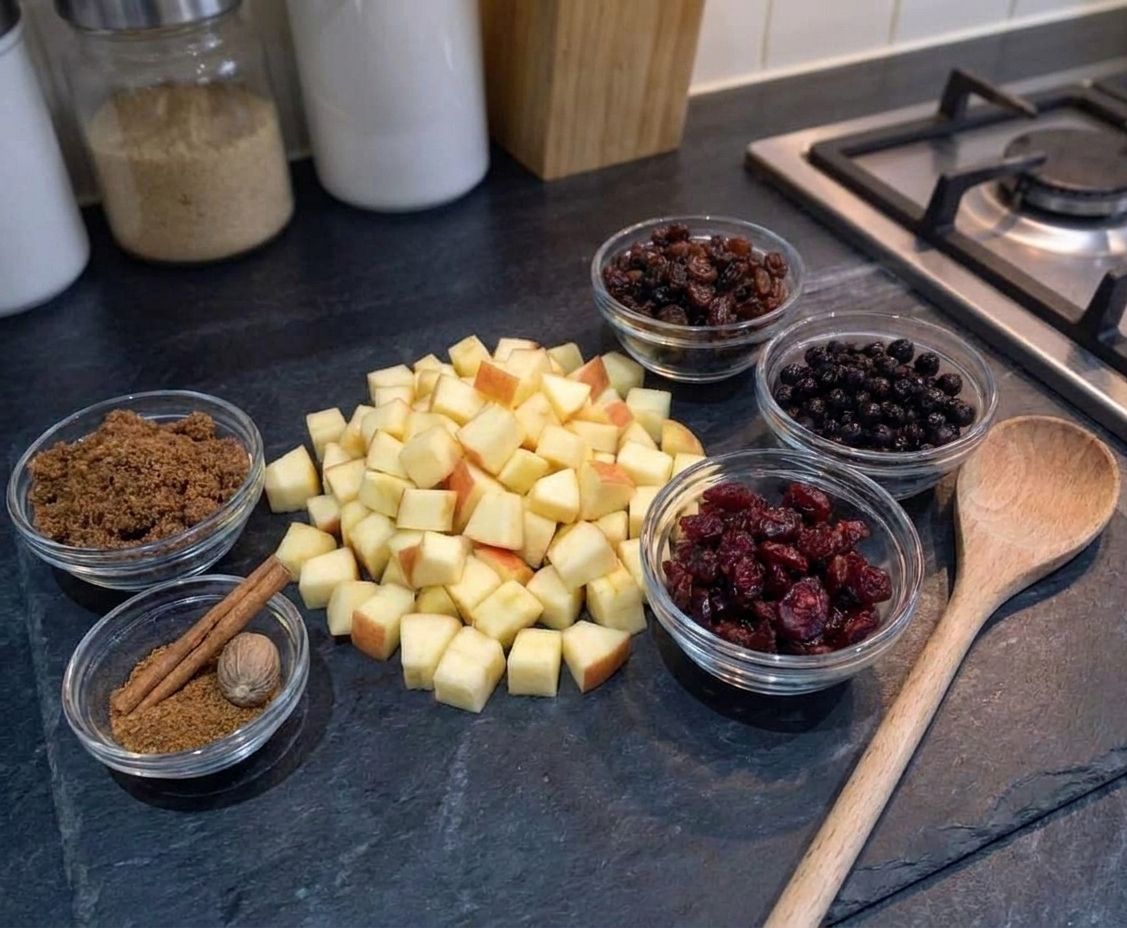 Bowls of raisins, currants, chopped dried cranberries, diced apples, brown sugar, and spices arranged on a kitchen counter ready for making mincemeat