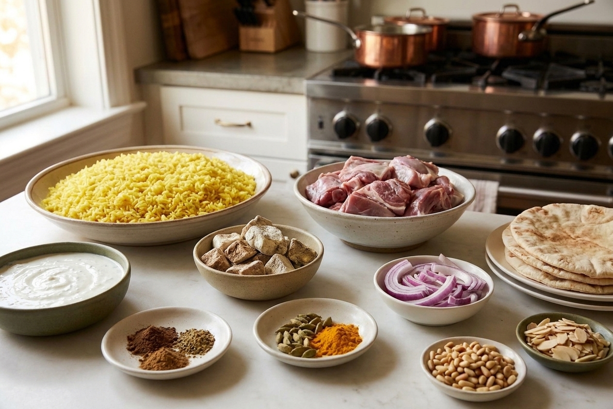 Bowls of rice, lamb pieces, jameed or yogurt, onions, spices, almonds, pine nuts, and flatbread arranged on a bright kitchen counter