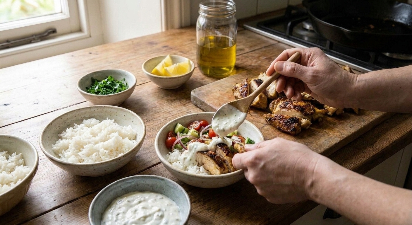Bowls of rice topped with sliced shawarma chicken, cucumber-tomato salad, and yogurt sauce being assembled on a kitchen counter