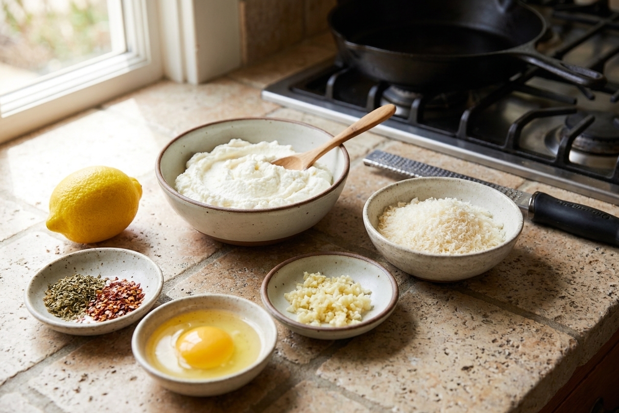 Bowls of ricotta, grated Parmesan, minced garlic, lemon, egg, and seasonings arranged on a bright kitchen counter