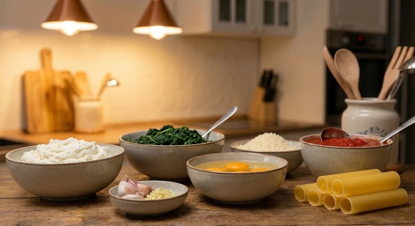 Bowls of ricotta, thawed spinach, grated Parmesan, eggs, garlic, canned tomatoes, and uncooked cannelloni tubes arranged on a bright kitchen counter
