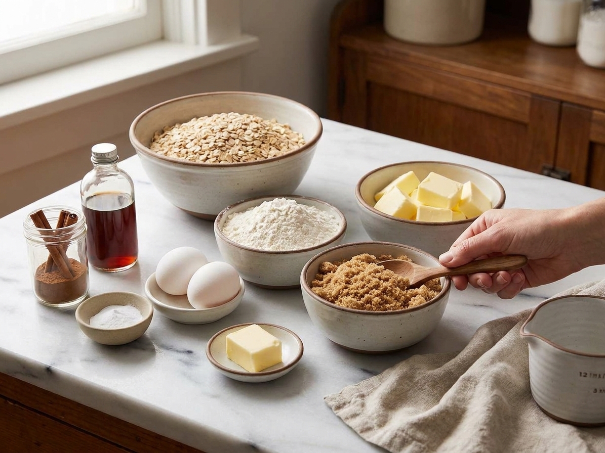 Bowls of rolled oats, flour, brown sugar, butter, eggs, baking soda, cinnamon, and vanilla arranged on a tidy kitchen counter