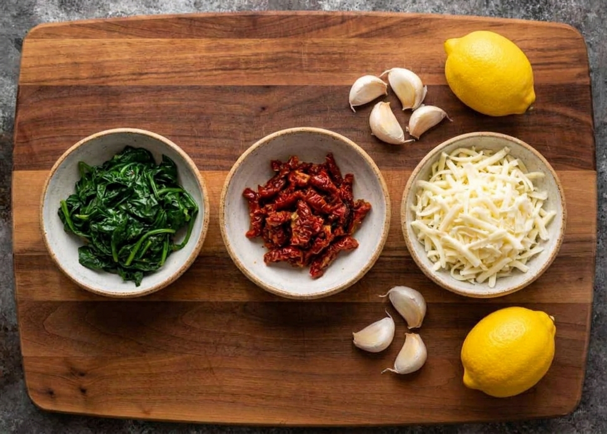 Bowls of sautéed spinach, chopped sun-dried tomatoes, and shredded mozzarella arranged on a kitchen counter next to garlic and a lemon, ready for stuffing