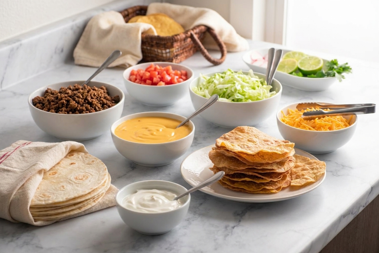 Bowls of seasoned ground beef, nacho cheese sauce, shredded lettuce, diced tomatoes, shredded cheddar, sour cream, flour tortillas, and tostada shells arranged on a bright kitchen counter