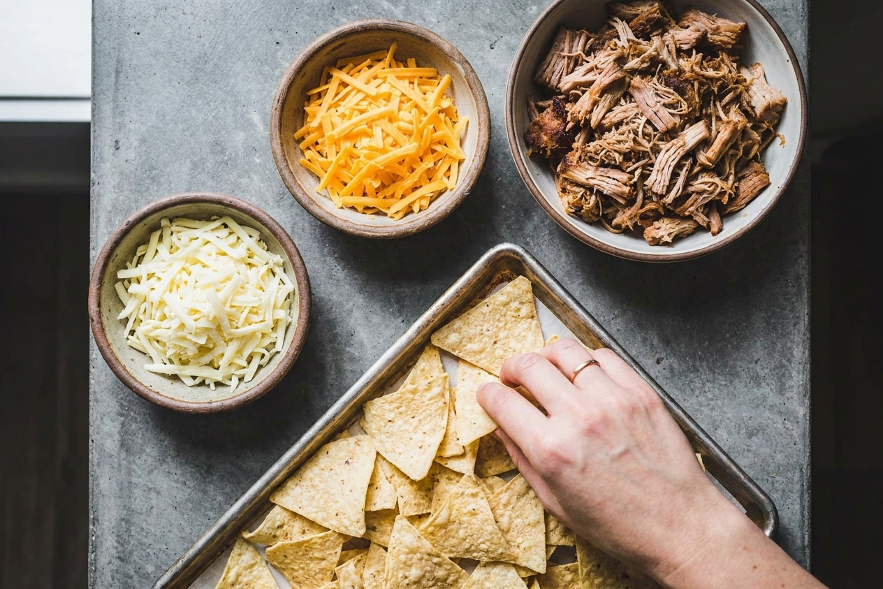Bowls of shredded Monterey Jack and cheddar next to a bowl of pulled pork and a tray of tortilla chips on a kitchen counter, ready for assembling nachos