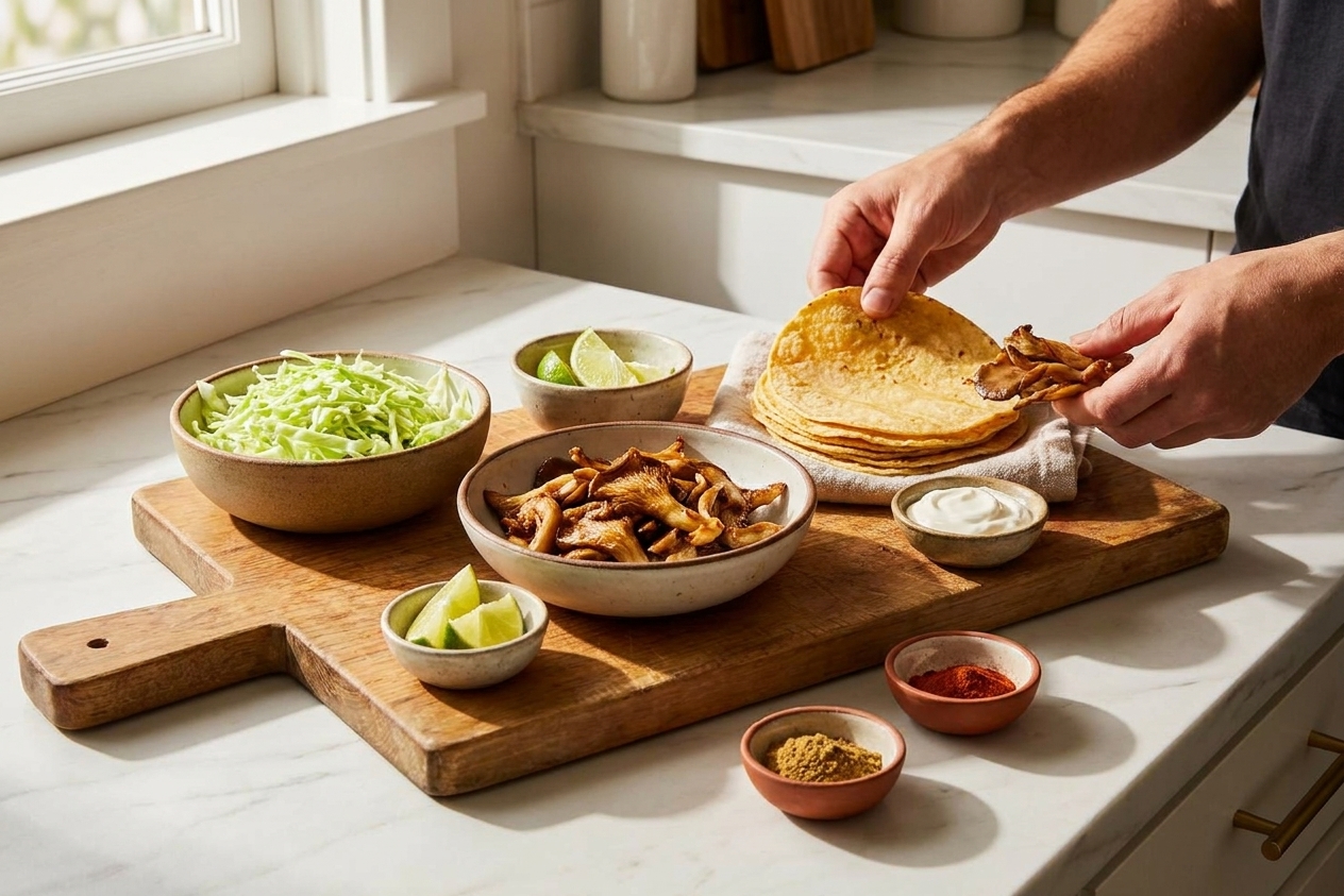 Bowls of shredded cabbage, torn oyster mushrooms, tortillas, limes, spices, and sour cream arranged on a clean kitchen counter under warm light