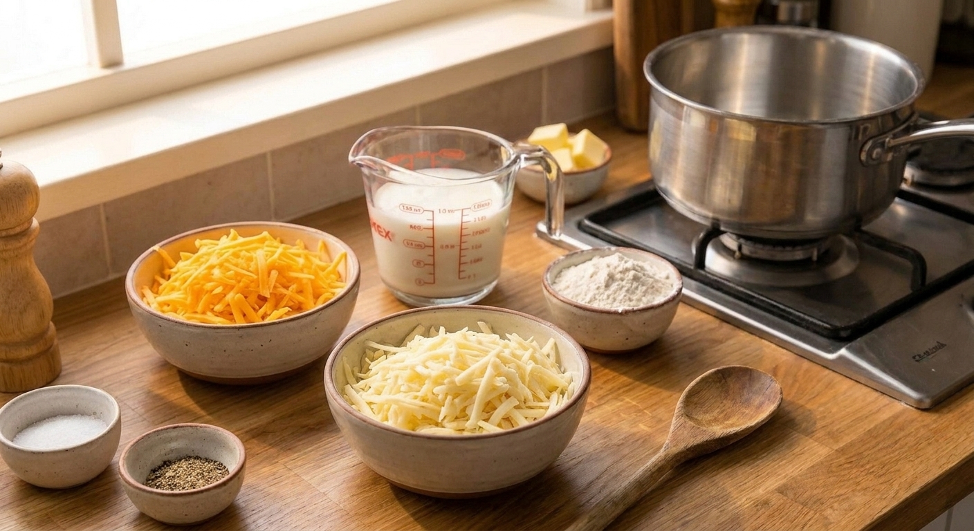 Bowls of shredded cheddar and shredded Gruyere on a kitchen counter next to butter, flour, and milk, ready for mac and cheese