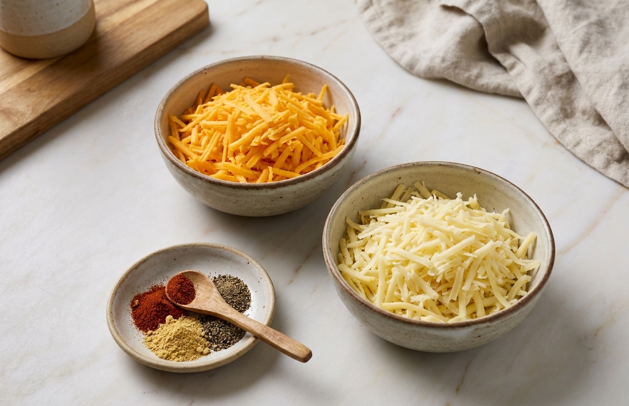 Bowls of shredded cheddar and shredded gruyere on a kitchen counter next to a small bowl of spices, prep stage photo