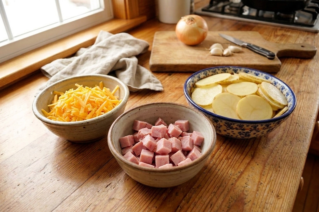 Bowls of shredded cheddar, diced ham, and thinly sliced potatoes arranged on a kitchen counter ready for assembling a casserole