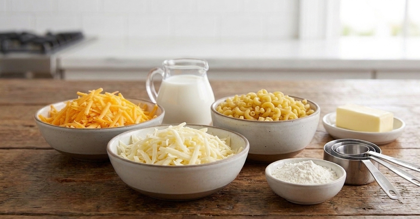 Bowls of shredded cheddar, shredded American cheese, elbow macaroni, milk, butter, and flour arranged on a kitchen counter with measuring cups