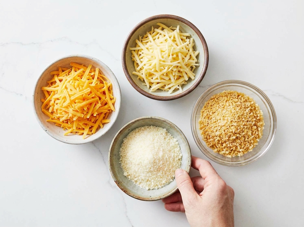 Bowls of shredded cheddar, shredded Gouda, and grated Parmesan arranged on a kitchen counter next to panko breadcrumbs