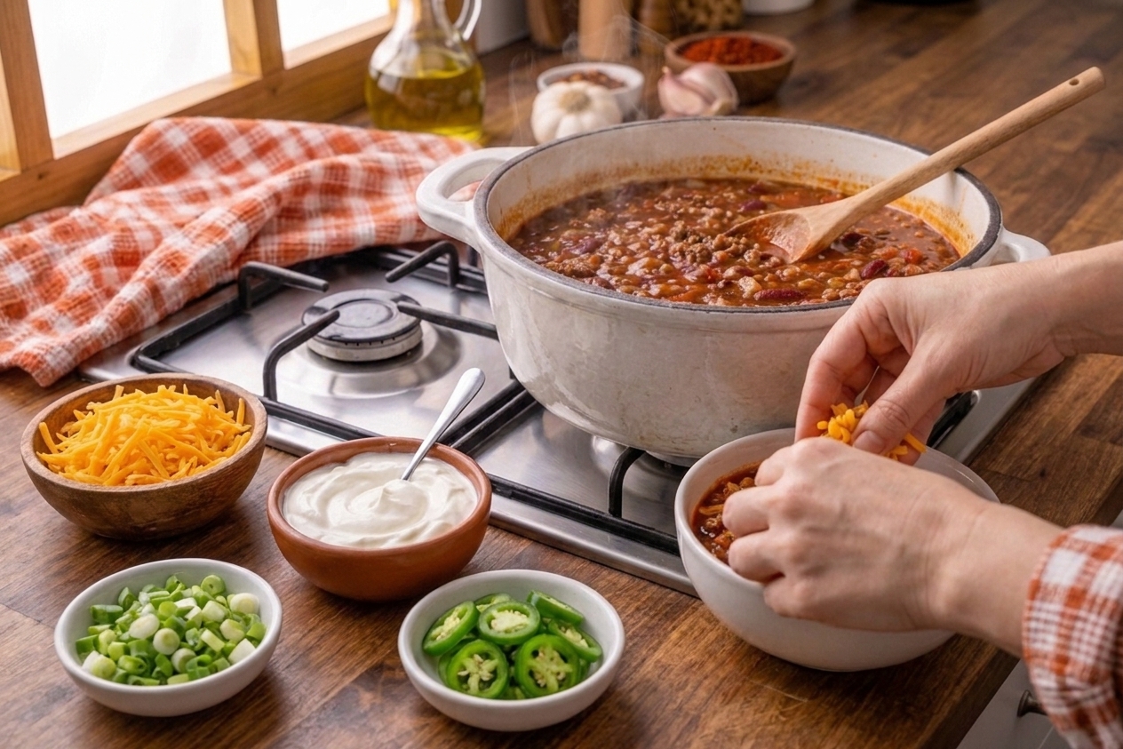Bowls of shredded cheddar, sour cream, sliced green onions, and jalapeños arranged on a table next to a pot of chili for serving
