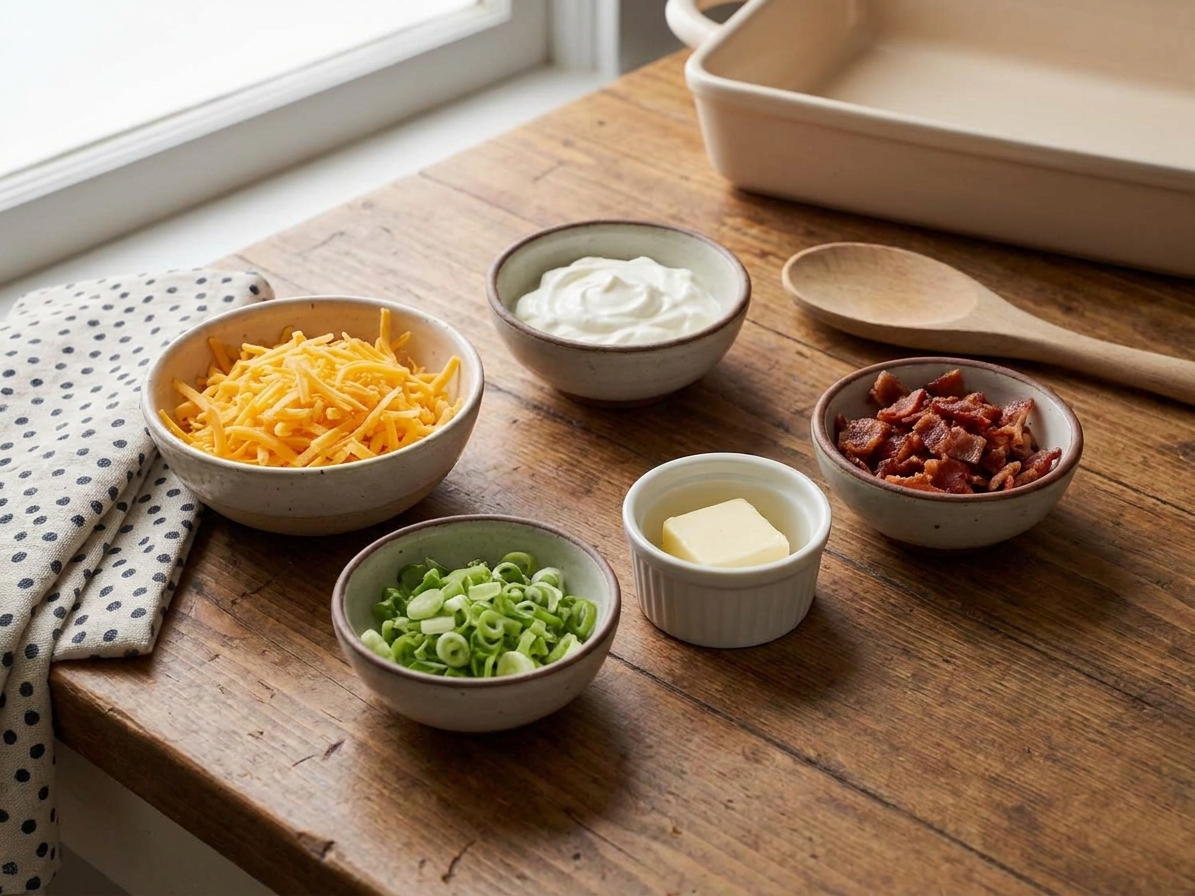 Bowls of shredded cheddar, sour cream, sliced scallions, butter, and crumbled bacon arranged on a clean kitchen counter