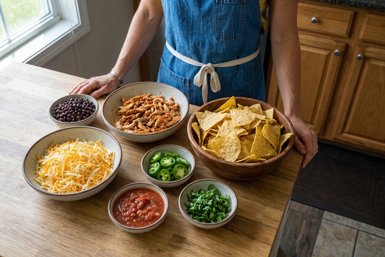 Bowls of shredded cheese, cooked shredded chicken, tortilla chips, black beans, jalapeños, salsa, and chopped cilantro arranged on a tidy kitchen counter