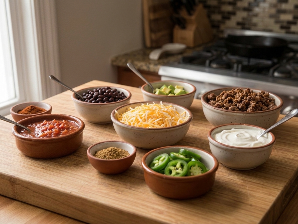 Bowls of shredded cheese, ground beef, black beans, salsa, sour cream, jalapeños, and spices arranged on a home kitchen counter