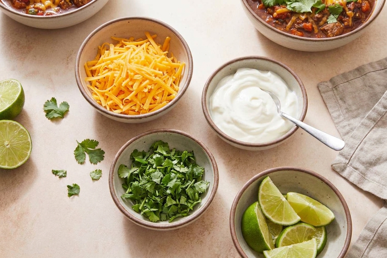 Bowls of shredded cheese, sour cream, chopped cilantro, and lime wedges for topping turkey chili