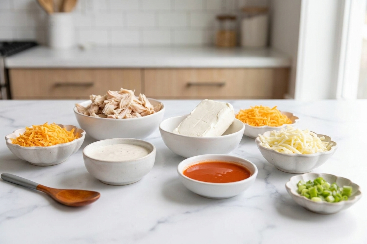 Bowls of shredded chicken, cream cheese, ranch dressing, hot sauce, shredded cheddar, and mozzarella arranged on a bright kitchen counter