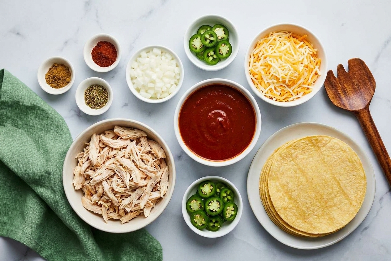 Bowls of shredded chicken, red enchilada sauce, shredded cheese, diced onion, sliced jalapenos, tortillas, and spices arranged on a home kitchen counter with warm, even lighting