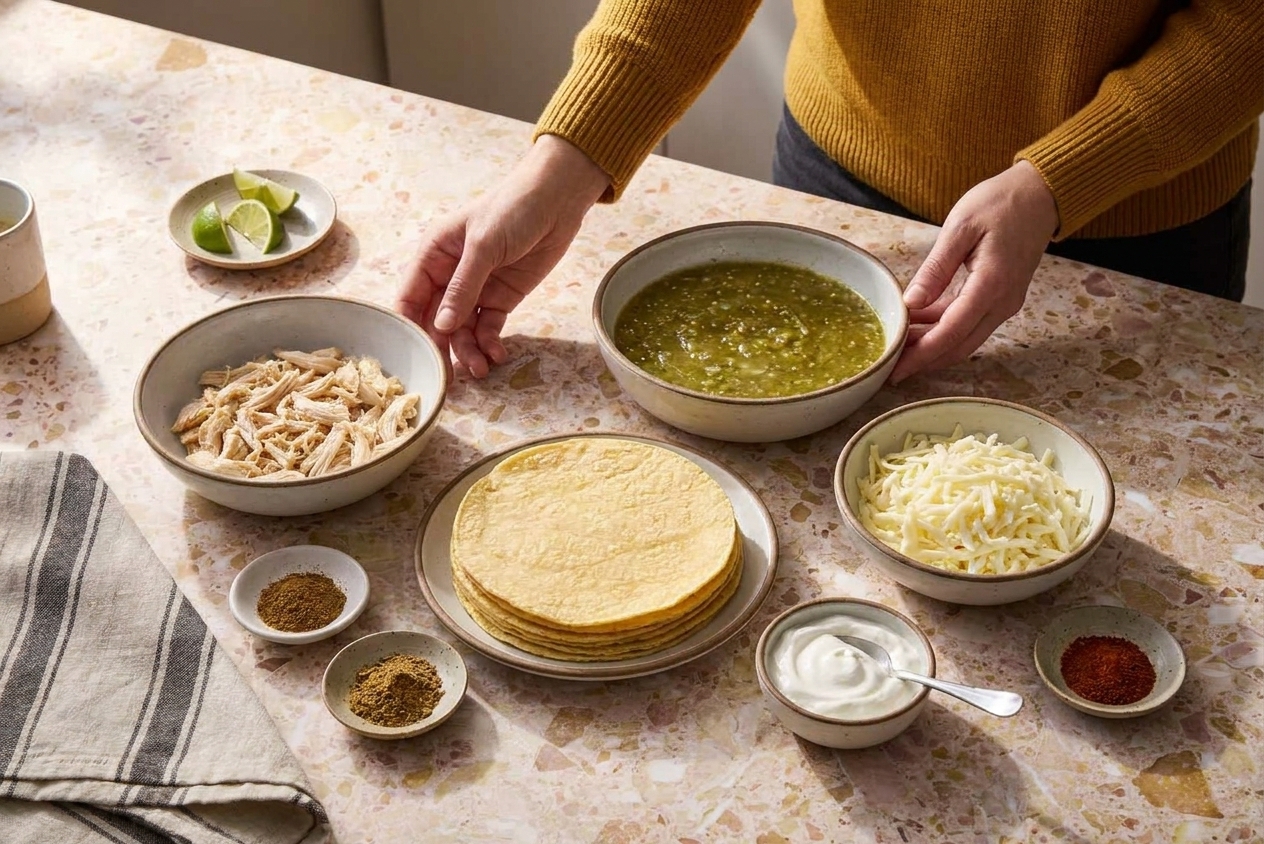 Bowls of shredded chicken, salsa verde, tortillas, shredded cheese, sour cream, and spices arranged on a neutral kitchen counter in warm natural light