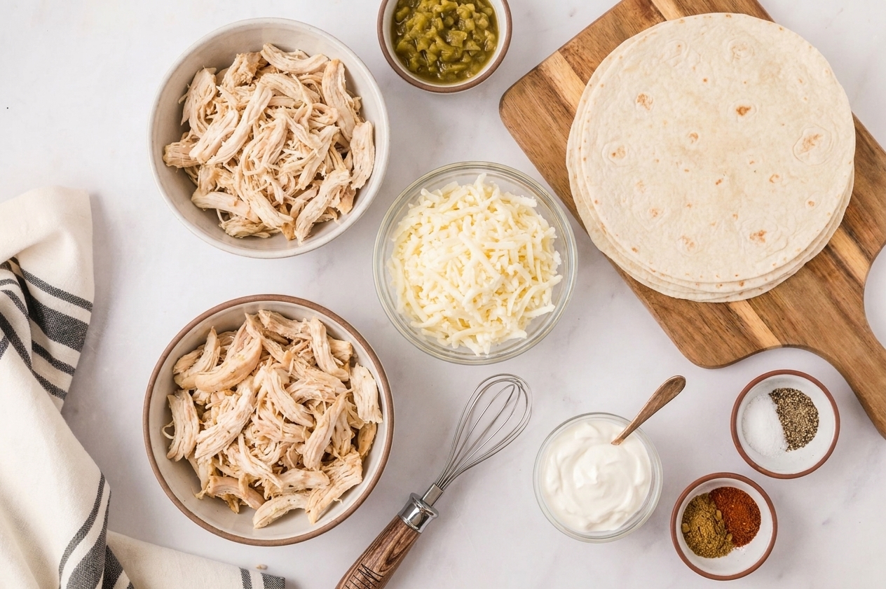 Bowls of shredded chicken, shredded cheese, chopped green chiles, sour cream, tortillas, and spices arranged on a kitchen counter with warm natural light