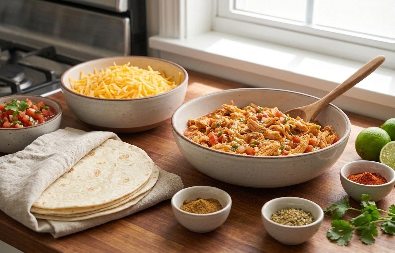 Bowls of shredded chicken, shredded cheese, salsa, tortillas, and spices arranged on a bright kitchen counter