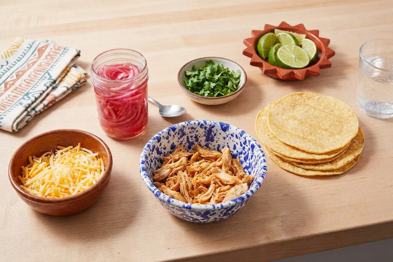 Bowls of shredded chicken, shredded cheese, sliced red onion, cilantro, limes, and small tortillas arranged on a clean kitchen counter