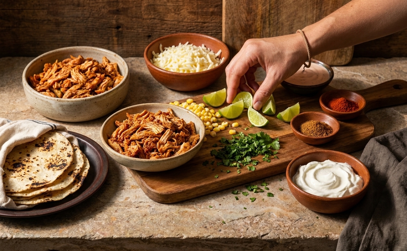 Bowls of shredded chicken, shredded cheese, tortillas, lime, spices, and Greek yogurt arranged on a kitchen counter for taco prep