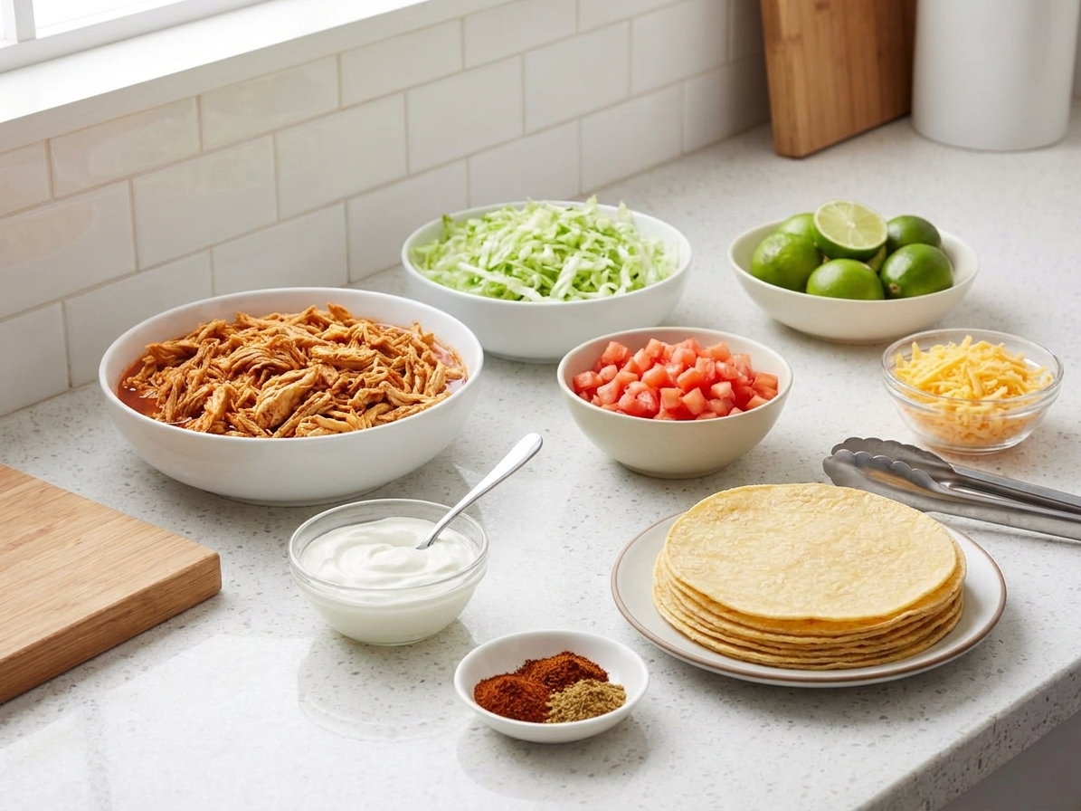Bowls of shredded chicken, shredded lettuce, diced tomatoes, grated cheese, lime, sour cream, tortillas, and spices arranged on a bright kitchen counter