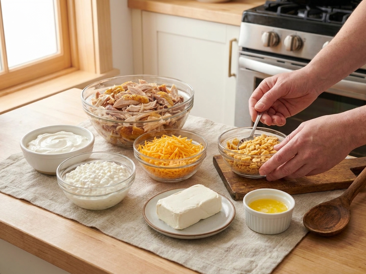 Bowls of shredded chicken, sour cream, cottage cheese, shredded cheese, cream cheese, crushed crackers, and melted butter arranged on a bright kitchen counter