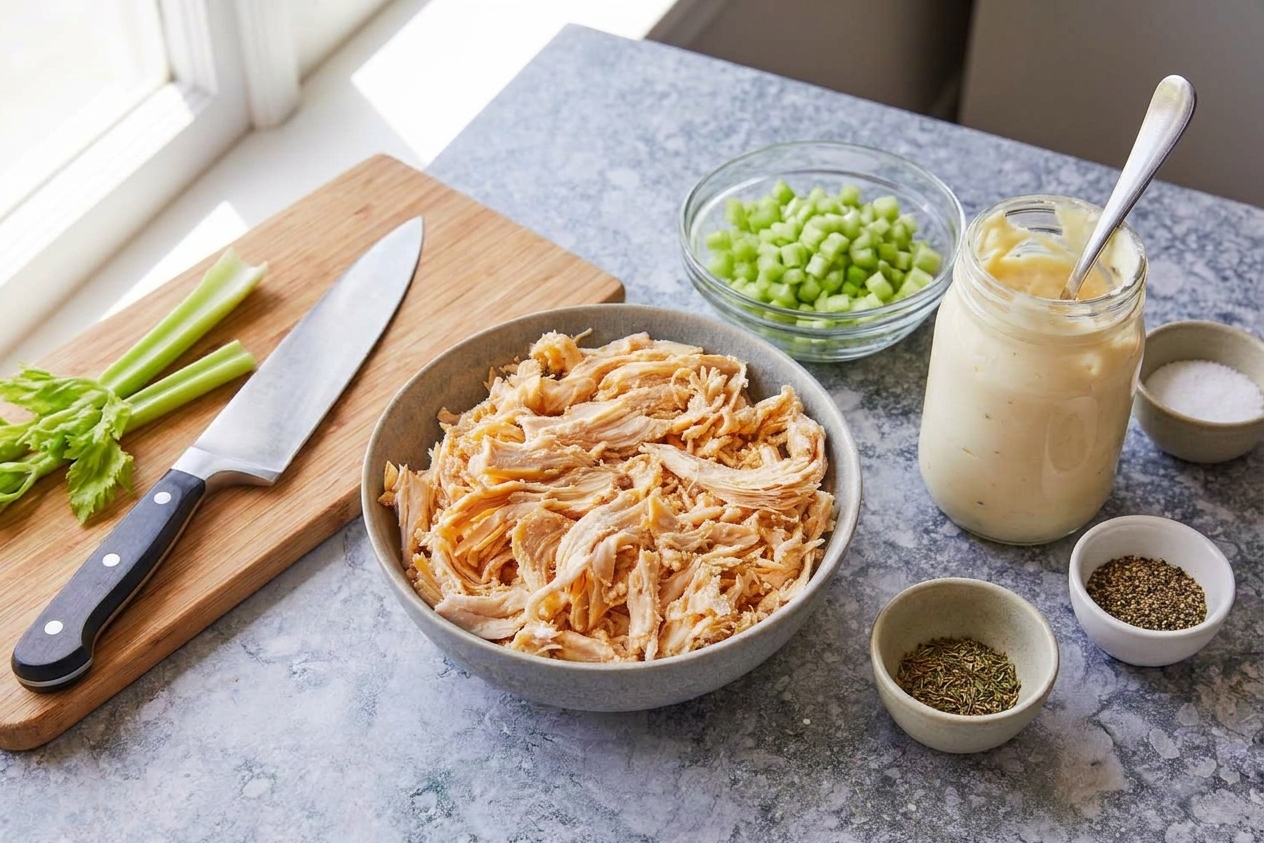Bowls of shredded cooked chicken, diced celery, mayonnaise, and seasonings arranged on a clean kitchen counter with a cutting board
