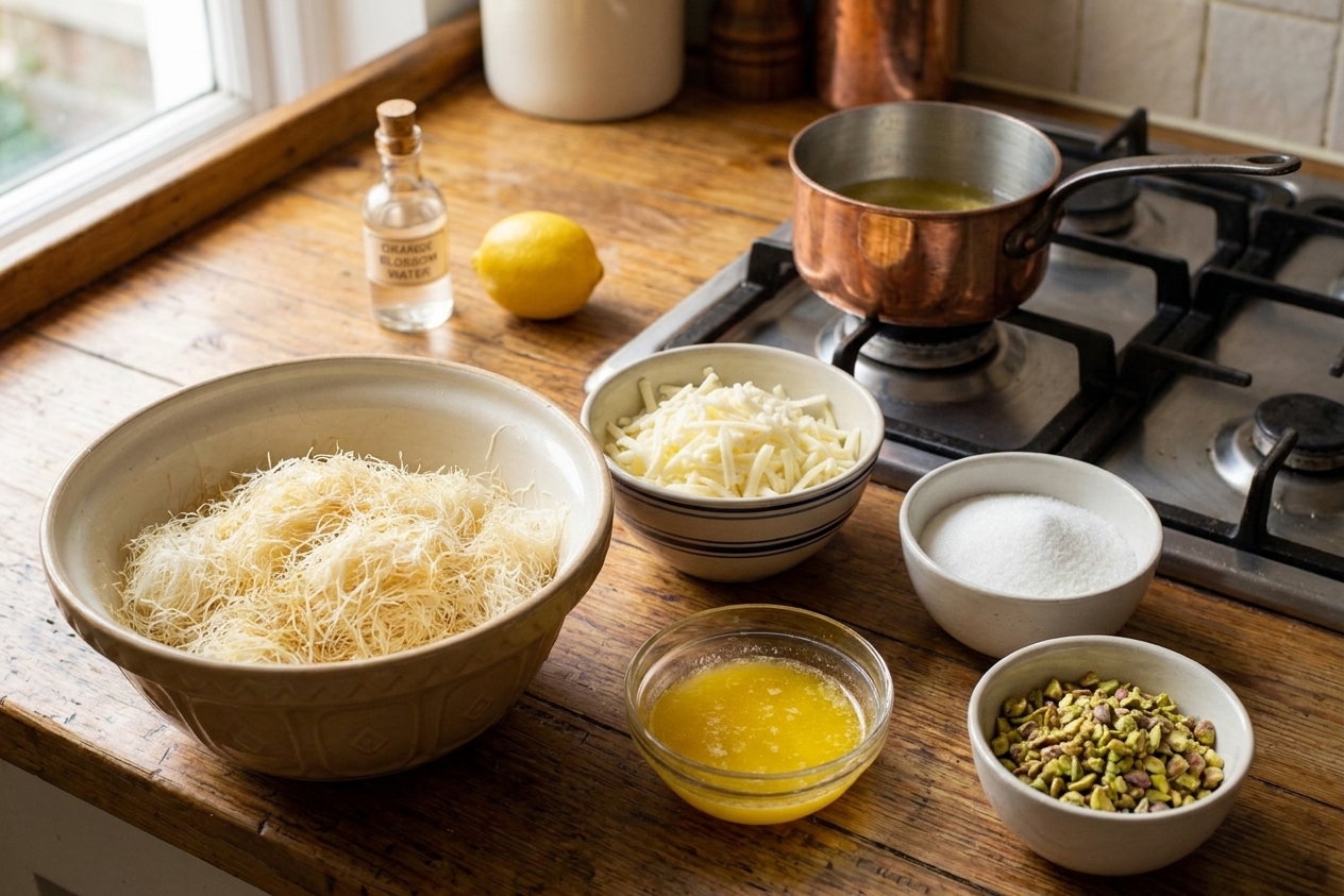 Bowls of shredded kataifi dough, shredded mozzarella, melted butter, sugar, lemon, orange blossom water, and pistachios arranged on a kitchen counter ready to cook